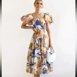 Boho Southwestern Maxi Tired Puff Sleeve Babydoll Dress Size 4